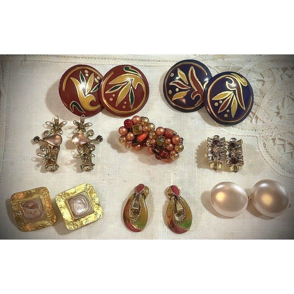 Vintage Retro Clip-On Earrings Rhinestone Enamel Pearl Jewelry Midcentury 8 Pair